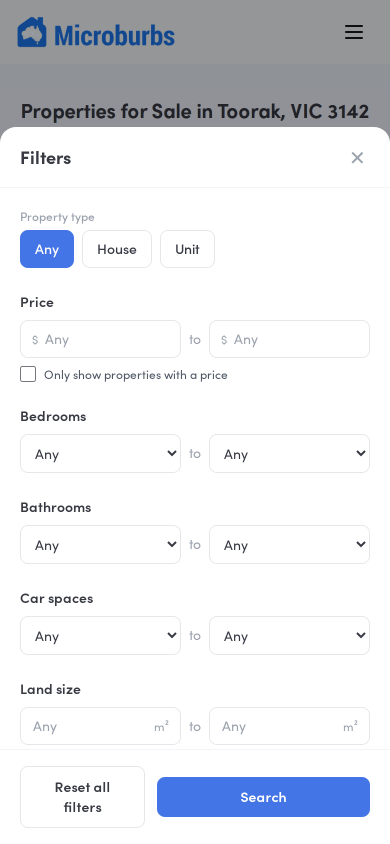 Property Finder quick filters on a mobile screen