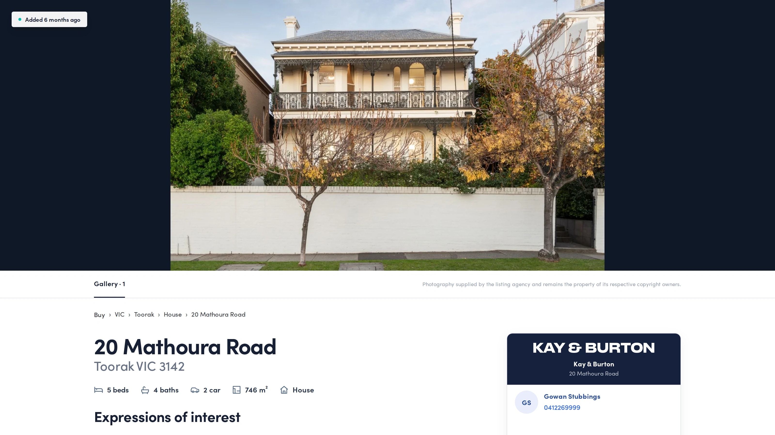 Property Finder listing detail for 20 Mathoura Road in Toorak, with an agency photograph and campaign details