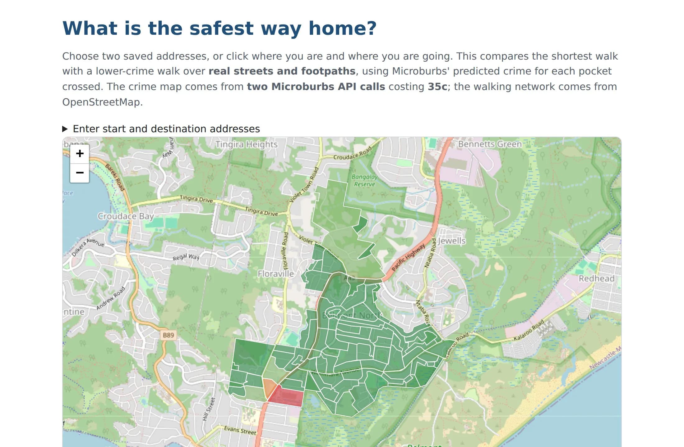 A map app comparing the shortest walk home with a lower-crime walk in Belmont North, NSW.