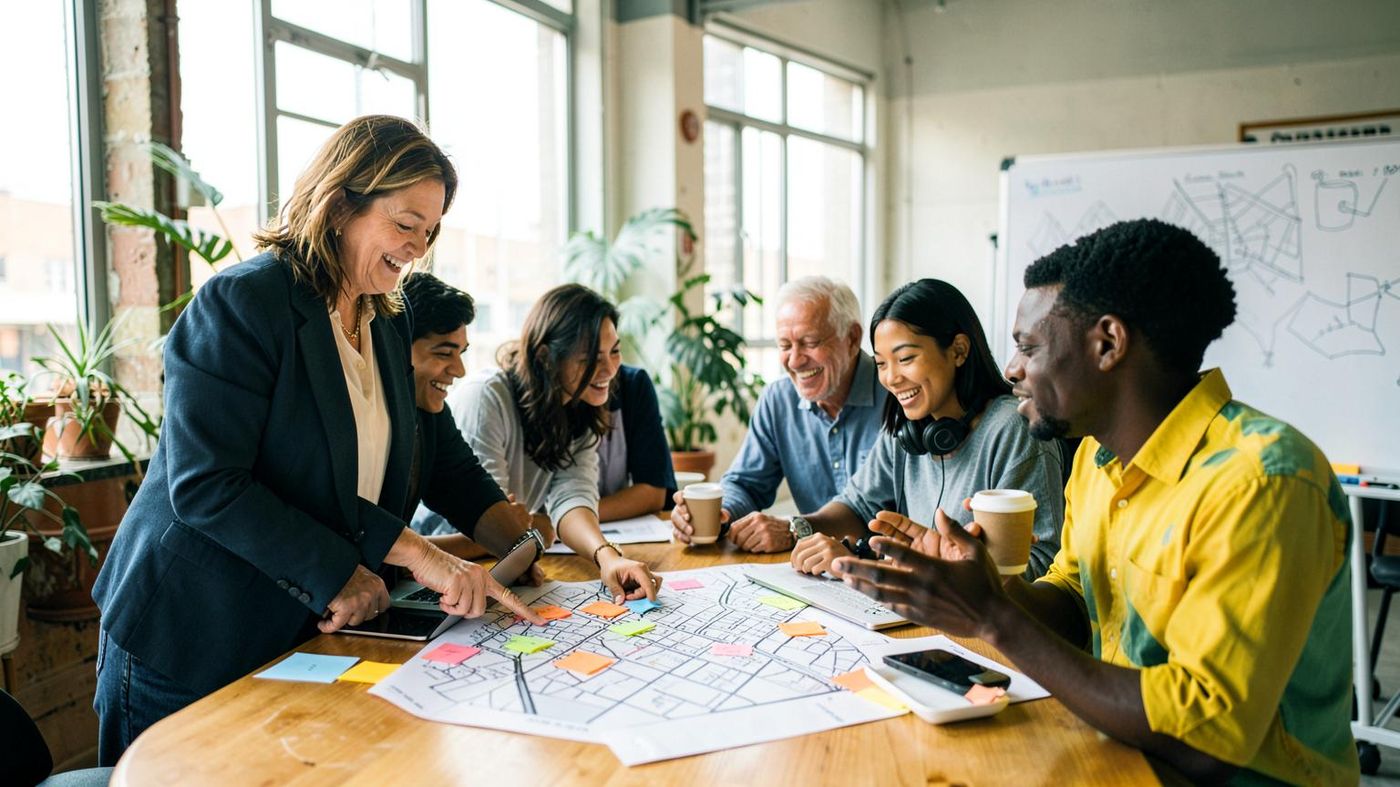 AI illustration of a mixed team collaborating around a street map.