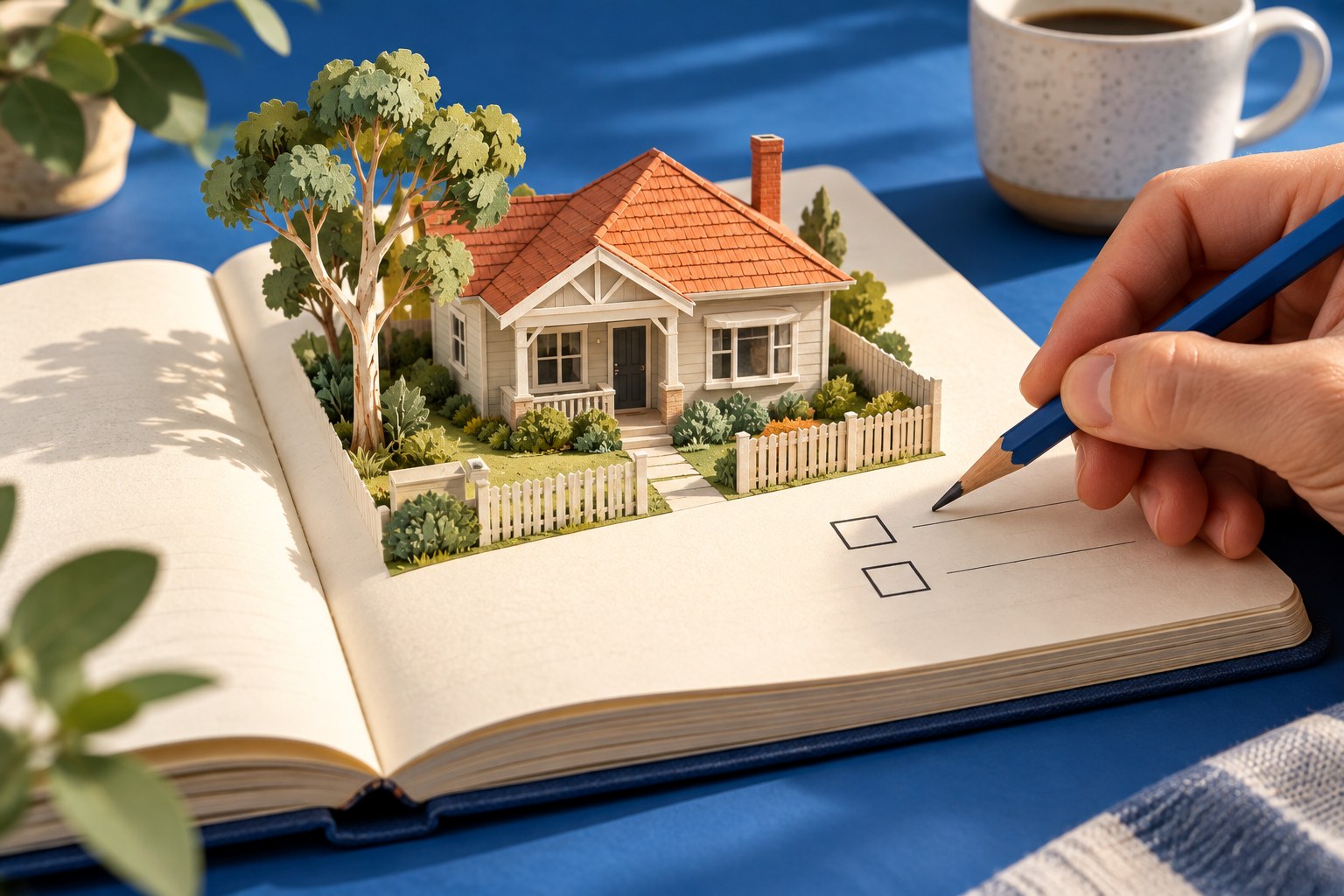 A house on a notebook introduces learning the steps of buying.