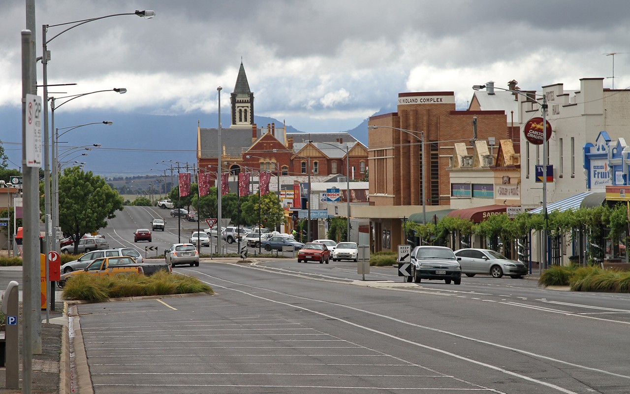 Ararat, VIC, View of Barkly Street with historic buildings