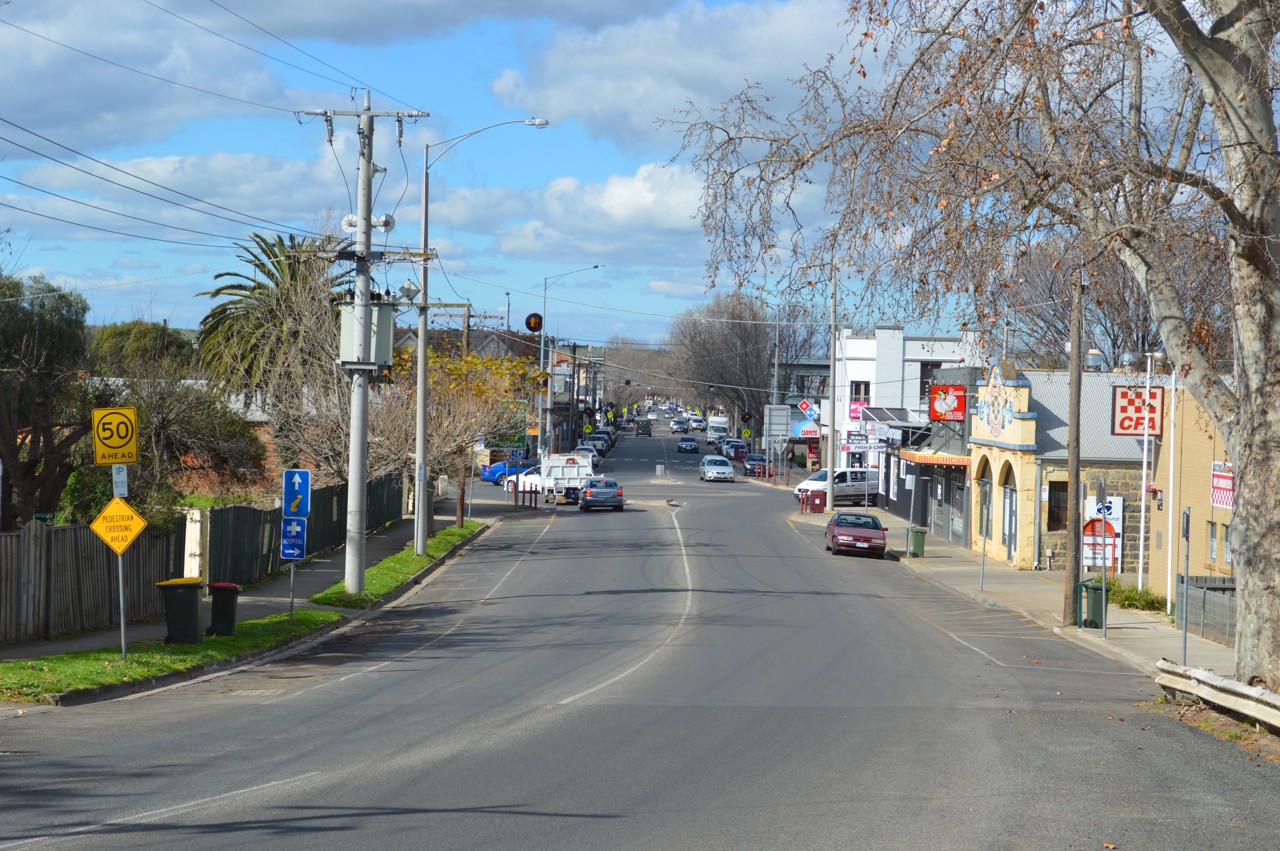 Bacchus Marsh, VIC, Main street with shops and traffic signs