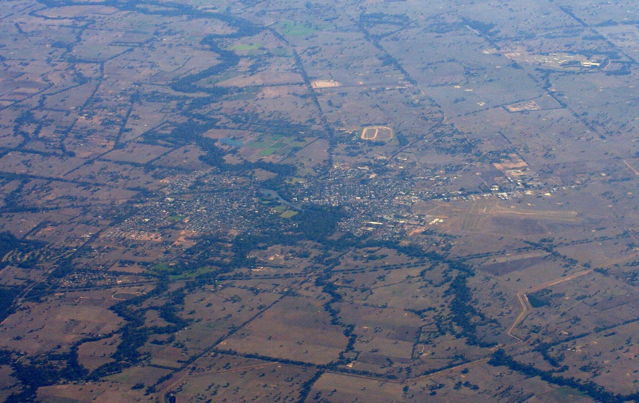 Benalla, VIC, Aerial view of town layout and surrounding farmland