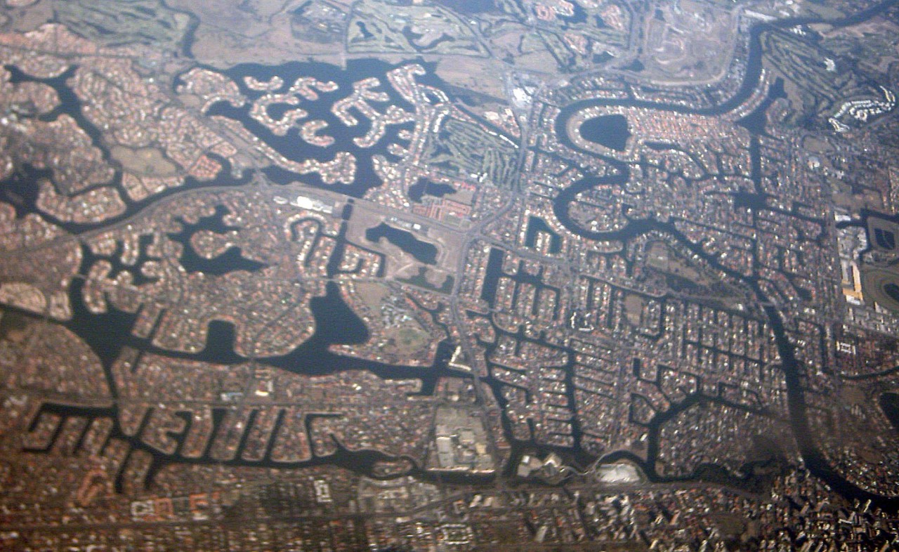 Broadbeach Waters, QLD, Aerial view of canal estate development