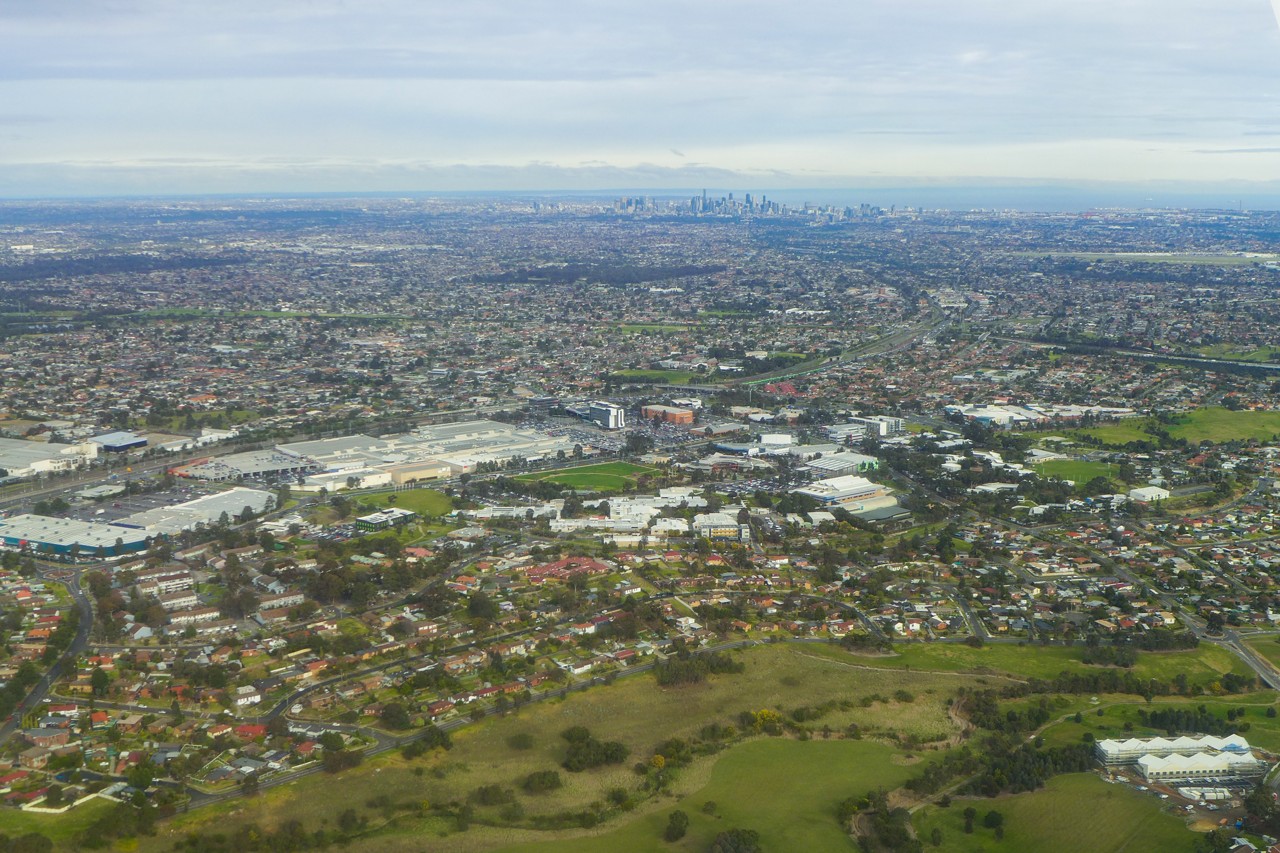 Broadmeadows, VIC, Aerial view of buildings and residential area
