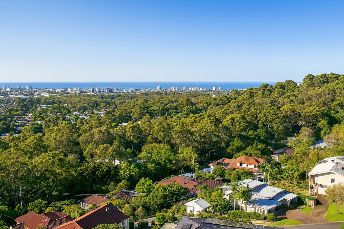 Buderim, QLD, View over rooftops towards coastline and ocean