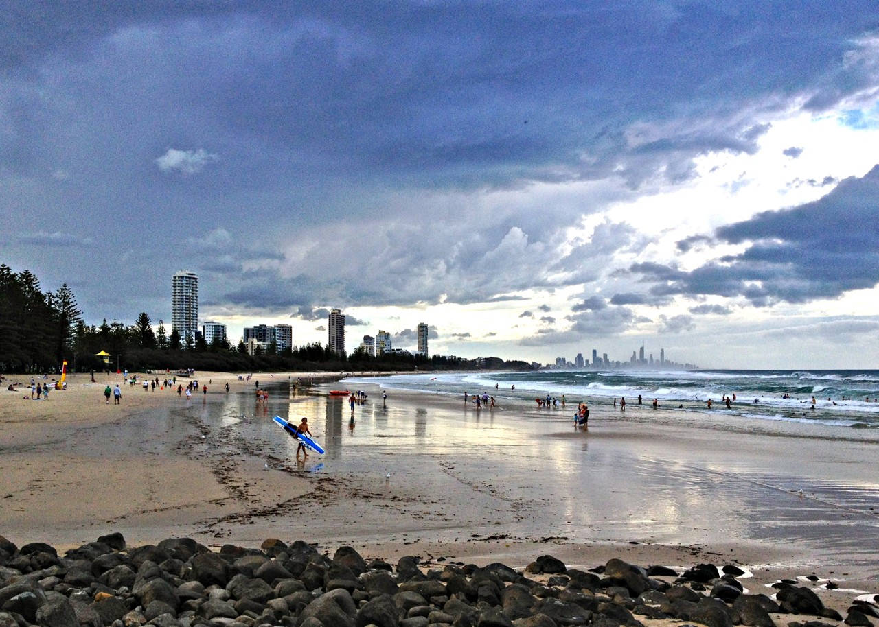 Burleigh Heads, QLD, Surf beach with high-rise buildings in background