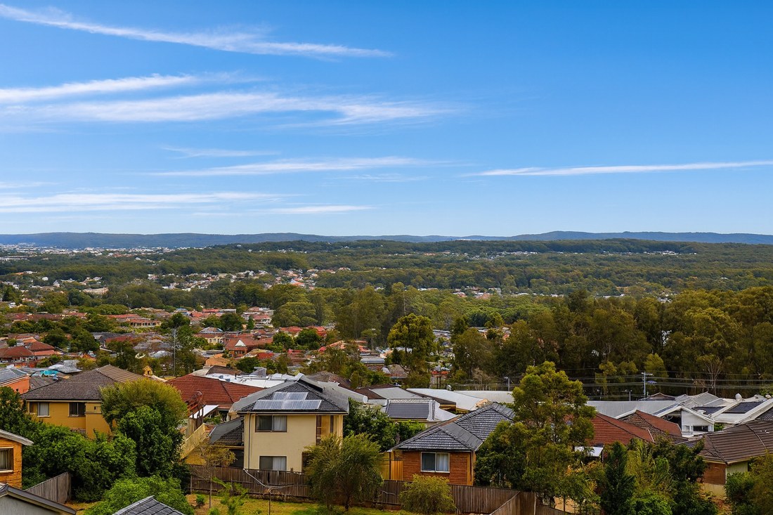 Cameron Park, NSW, Residential rooftops with distant forested hills