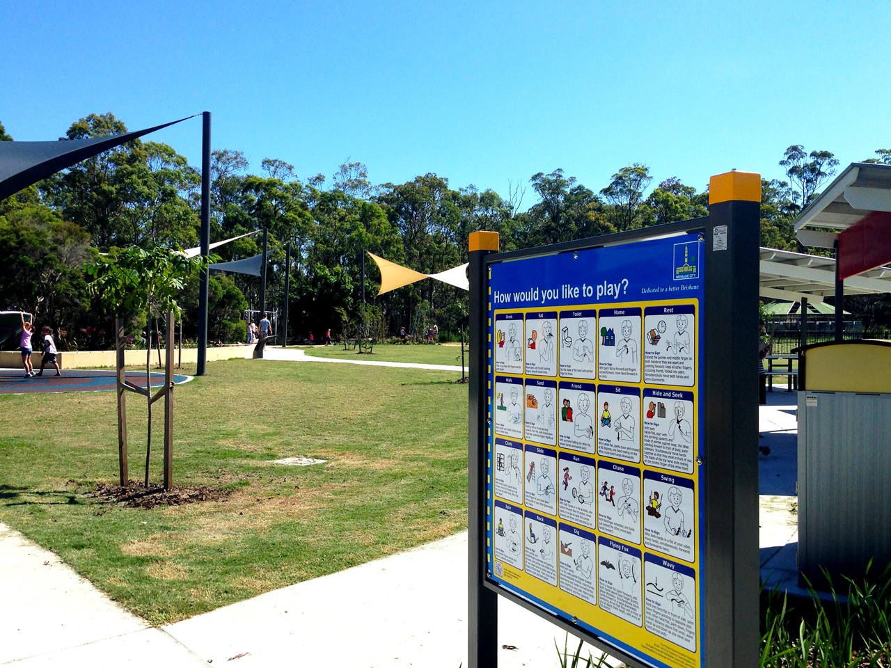 Camp Hill, QLD, Playground with shade sails and sign