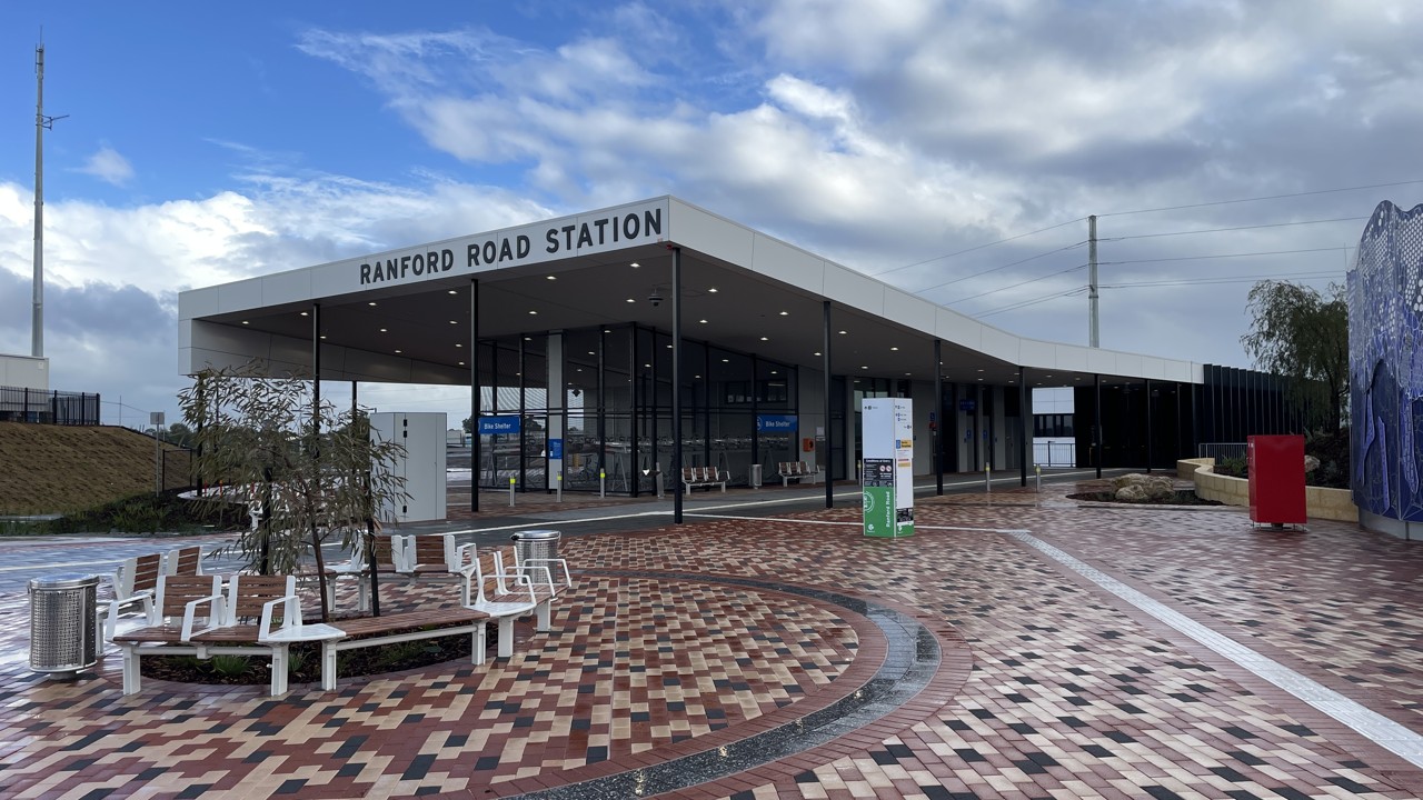 Canning Vale, WA, Ranford Road Station entrance with seating area