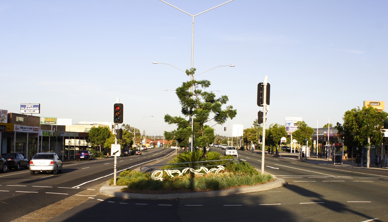 Carina, QLD, Intersection with traffic lights and small tree