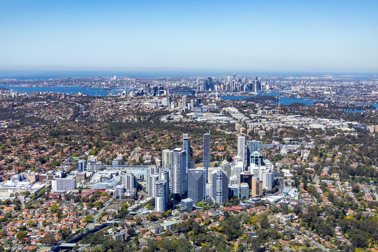 Chatswood, NSW — Aerial view of skyscrapers and surrounding suburbs