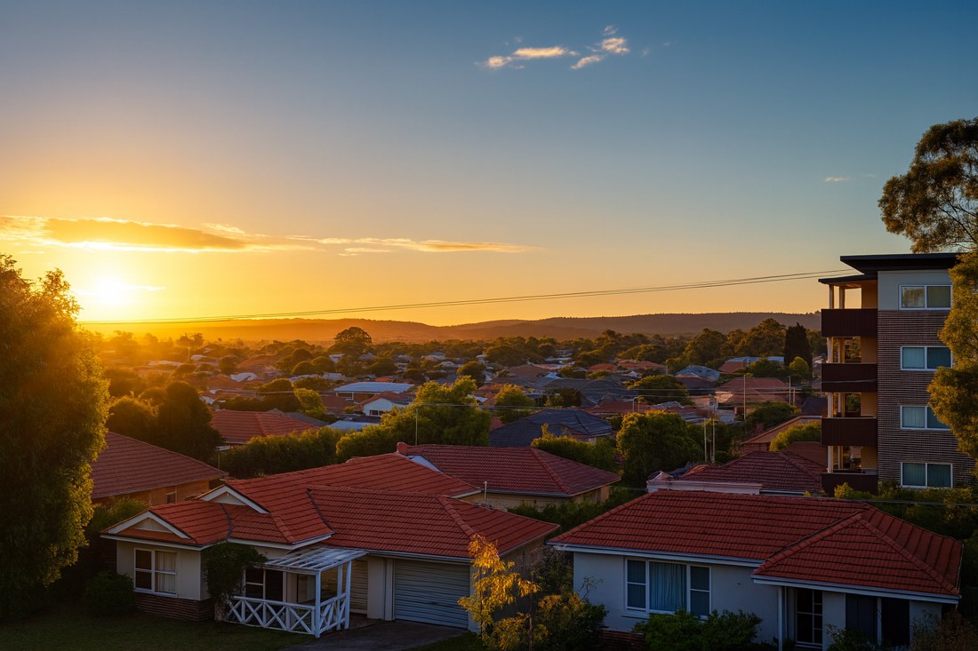 Cloverdale, WA, Suburban houses with trees at sunset