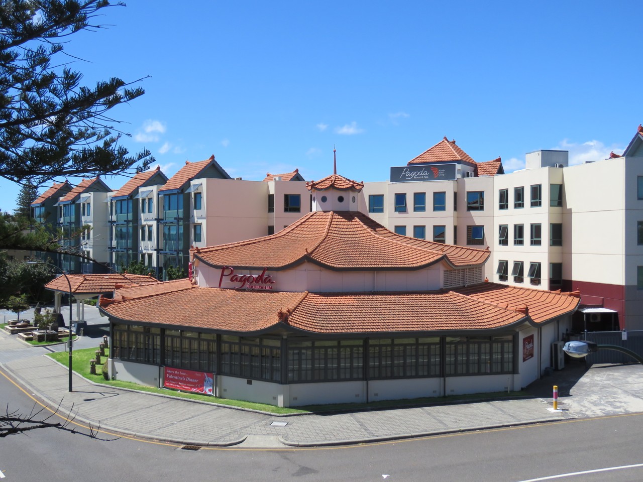 Como, WA, Chinese temple with curved roof on street corner