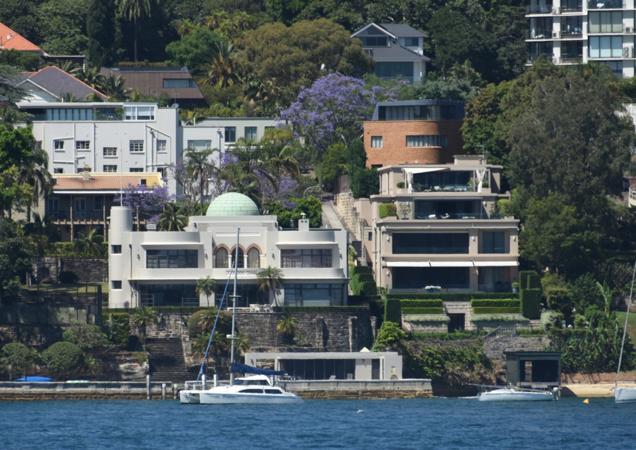 Darling Point, NSW, Waterside residences with jacaranda trees and yachts