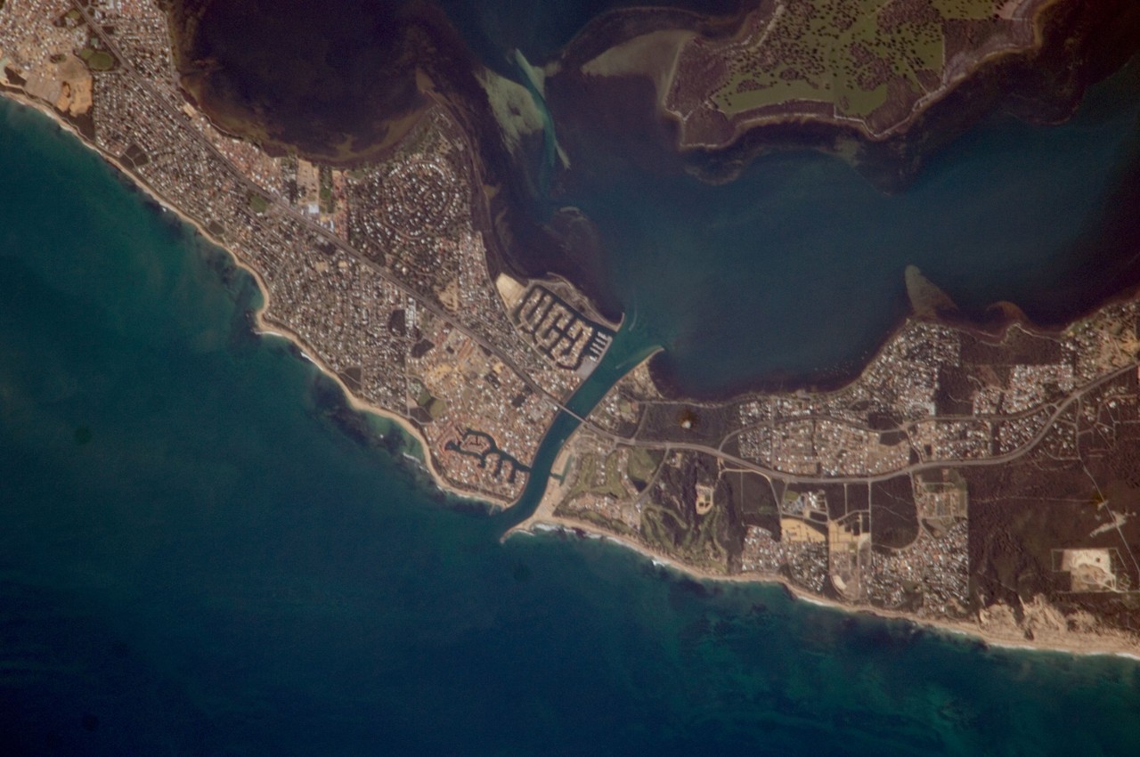 Dawesville, WA, Aerial view of estuary and coastline