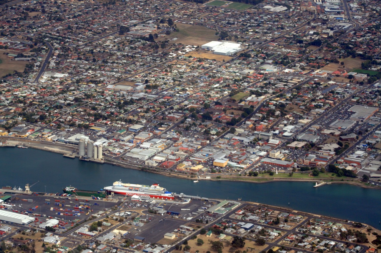 Devonport, TAS, Aerial view of ferry terminal and city buildings