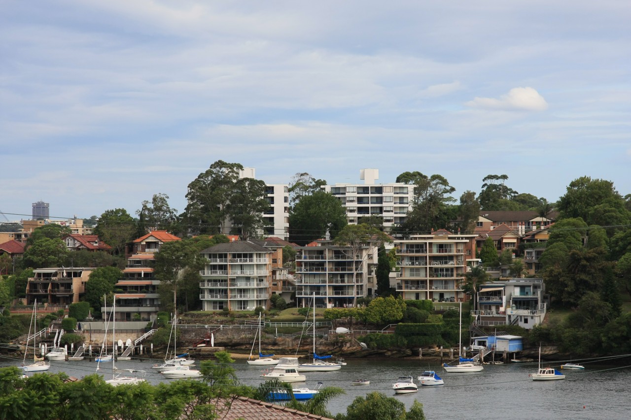 Drummoyne, NSW, High-rise apartments overlooking a marina and river