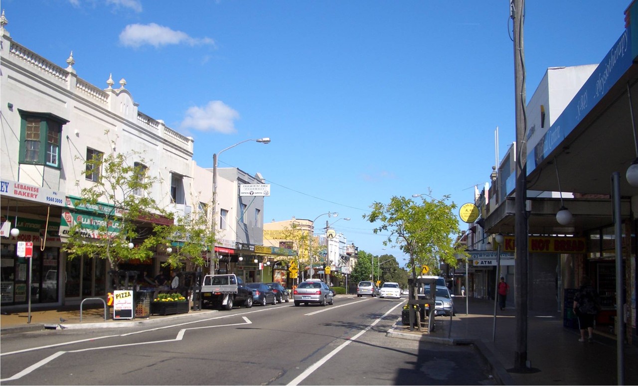 Dulwich Hill, NSW — Federation shopfronts on a wide street
