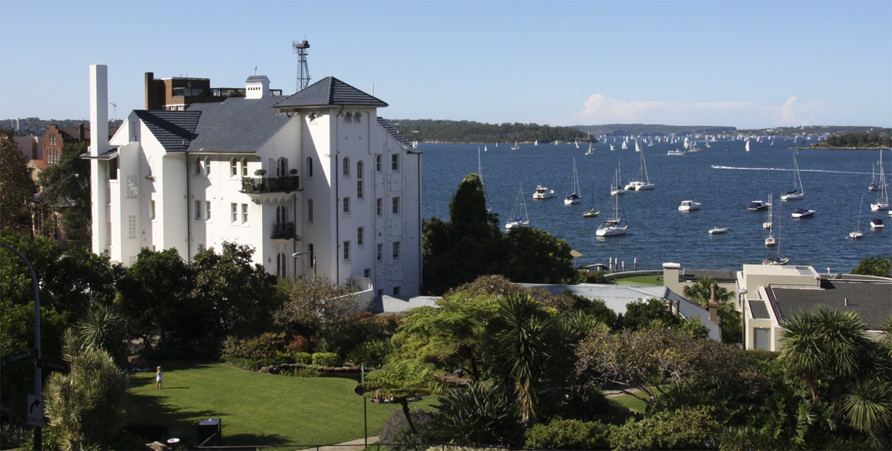 Elizabeth Bay, NSW, Harbour view with boats and large building