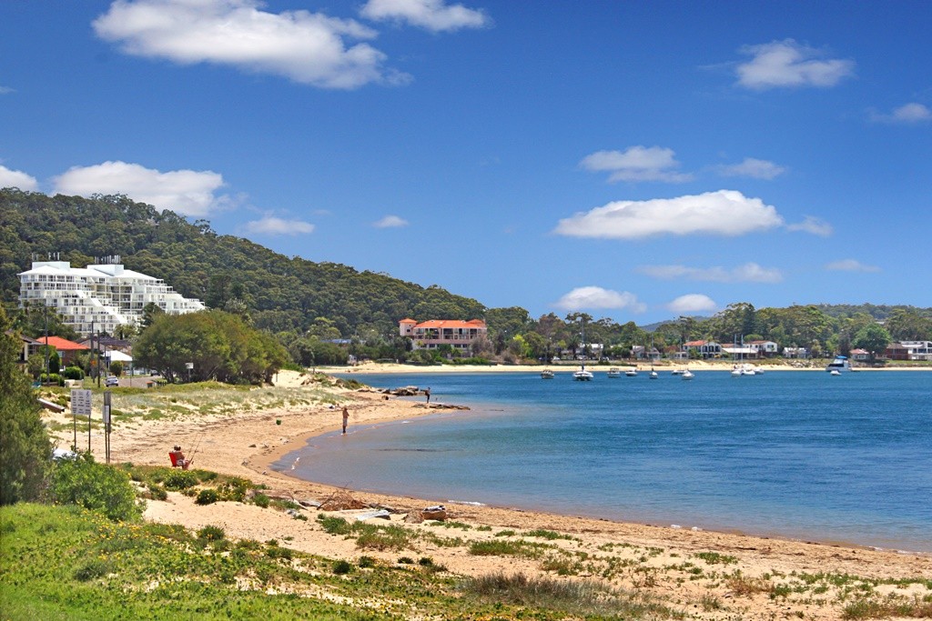 Ettalong Beach, NSW, Beach with boats and surrounding greenery
