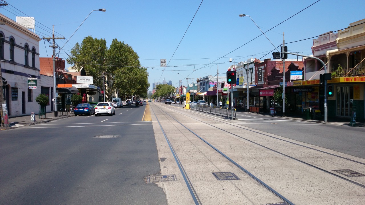 Fitzroy North, VIC, Street with tram tracks and shops