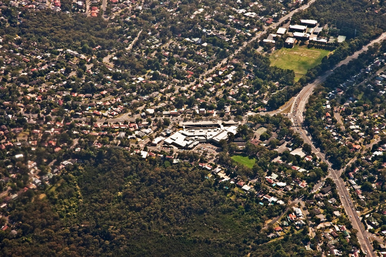 Frenchs Forest, NSW, Aerial view of residential area and forest