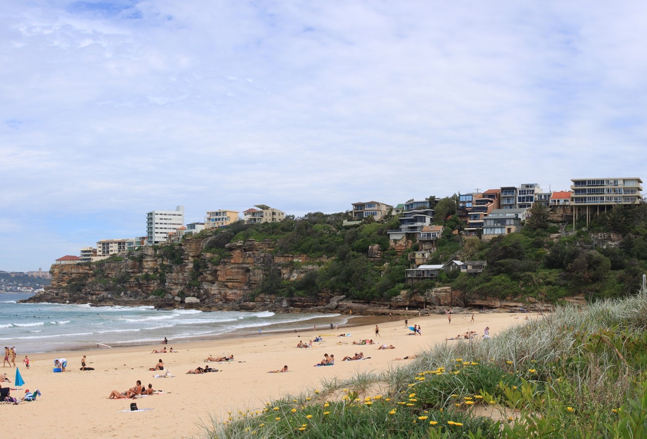 Freshwater, NSW, Surf beach backed by cliffs and houses
