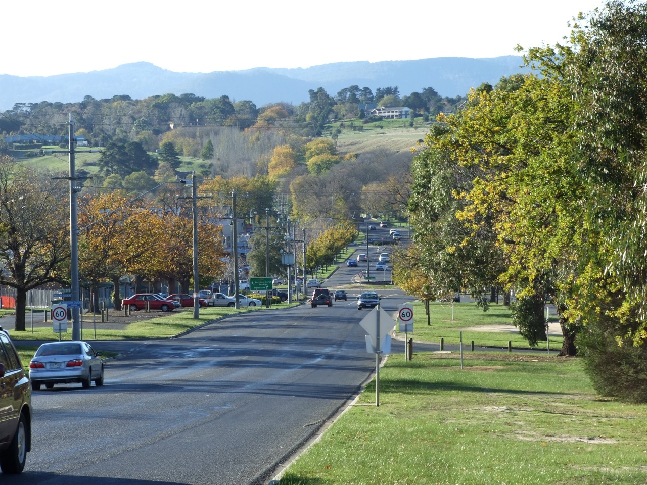 Gisborne, VIC, Tree-lined road with distant hills and cars