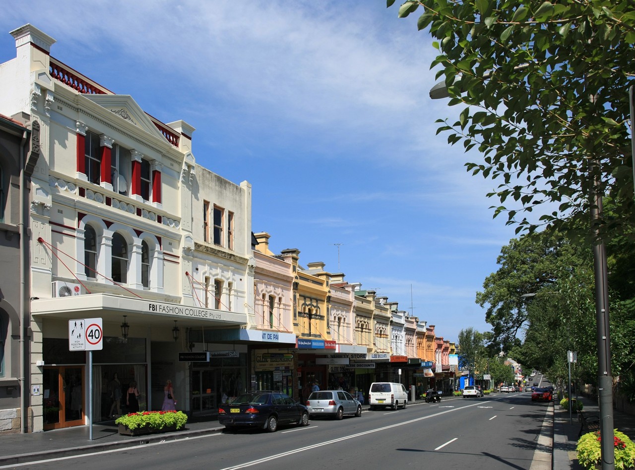 Glebe, NSW, Historic terrace buildings along a major street