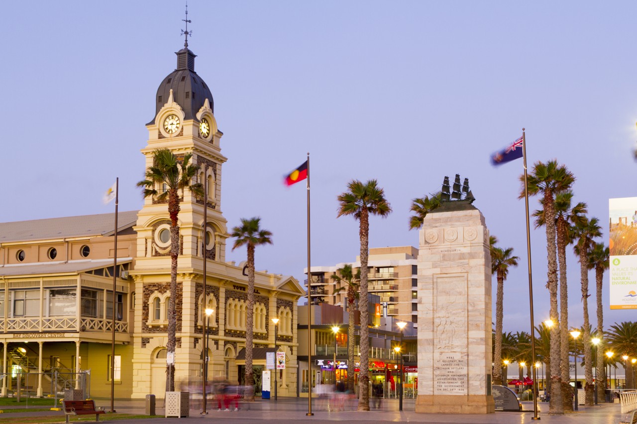 Glenelg, SA — Clocktower and monument at Moseley Square