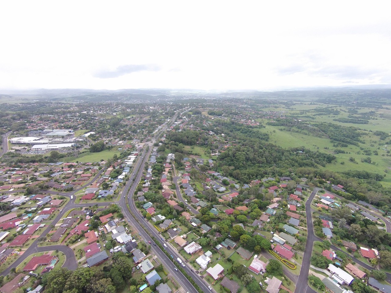 Goonellabah, NSW, Aerial view of residential neighbourhood and roads