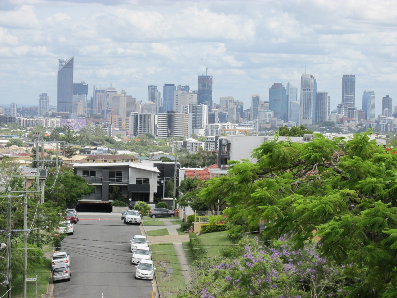 Greenslopes, QLD, View of Brisbane city skyline from suburban street