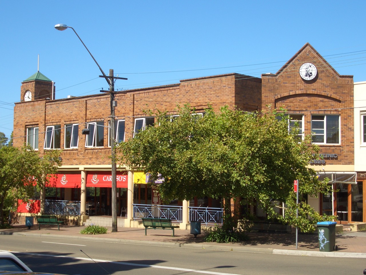 Gymea, NSW, Brick shopping strip with clock tower