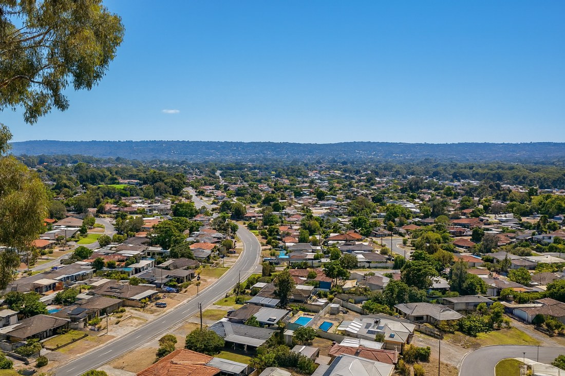 High Wycombe, WA, Aerial view of residential suburb with hills