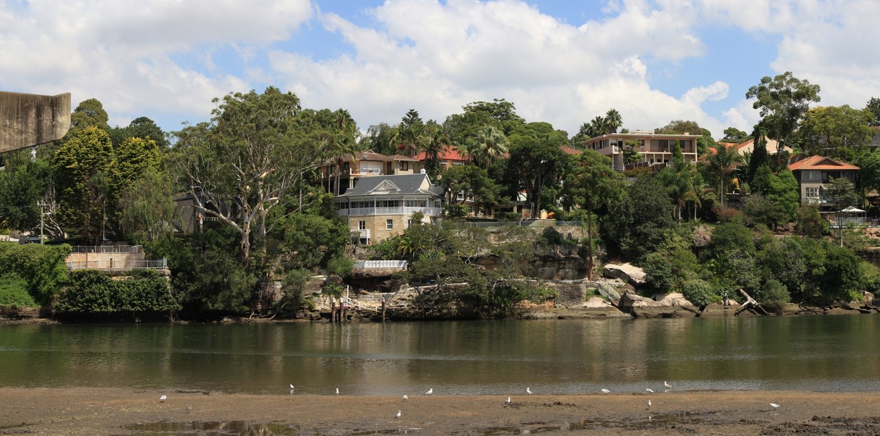 Hunters Hill, NSW — Riverside houses along a green shoreline