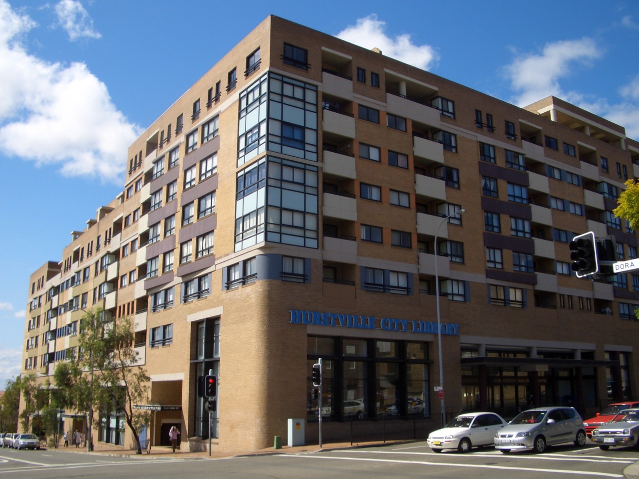 Hurstville, NSW, Large apartment complex on a busy street corner
