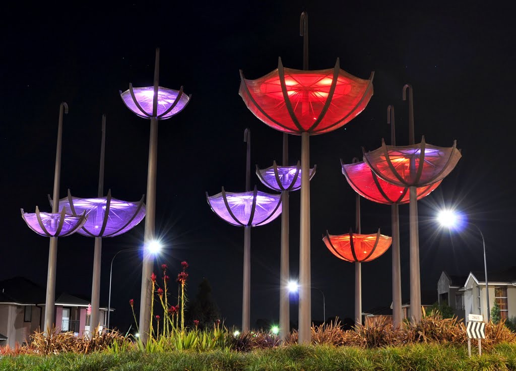Kellyville Ridge, NSW, Illuminated umbrella-shaped sculptures at night