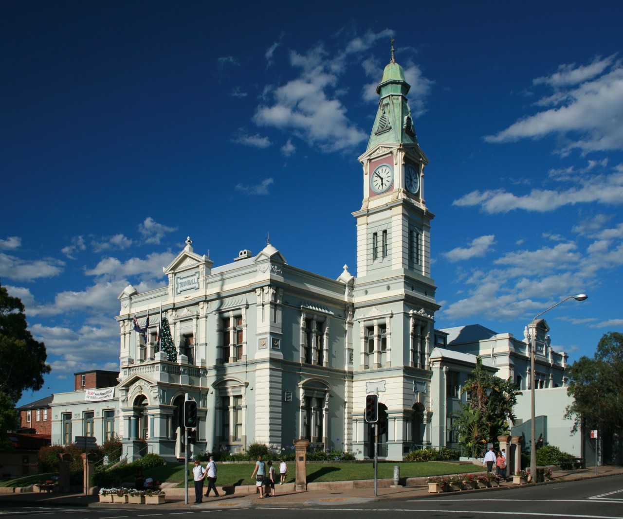 Leichhardt, NSW, Historic town hall with clocktower and pedestrians