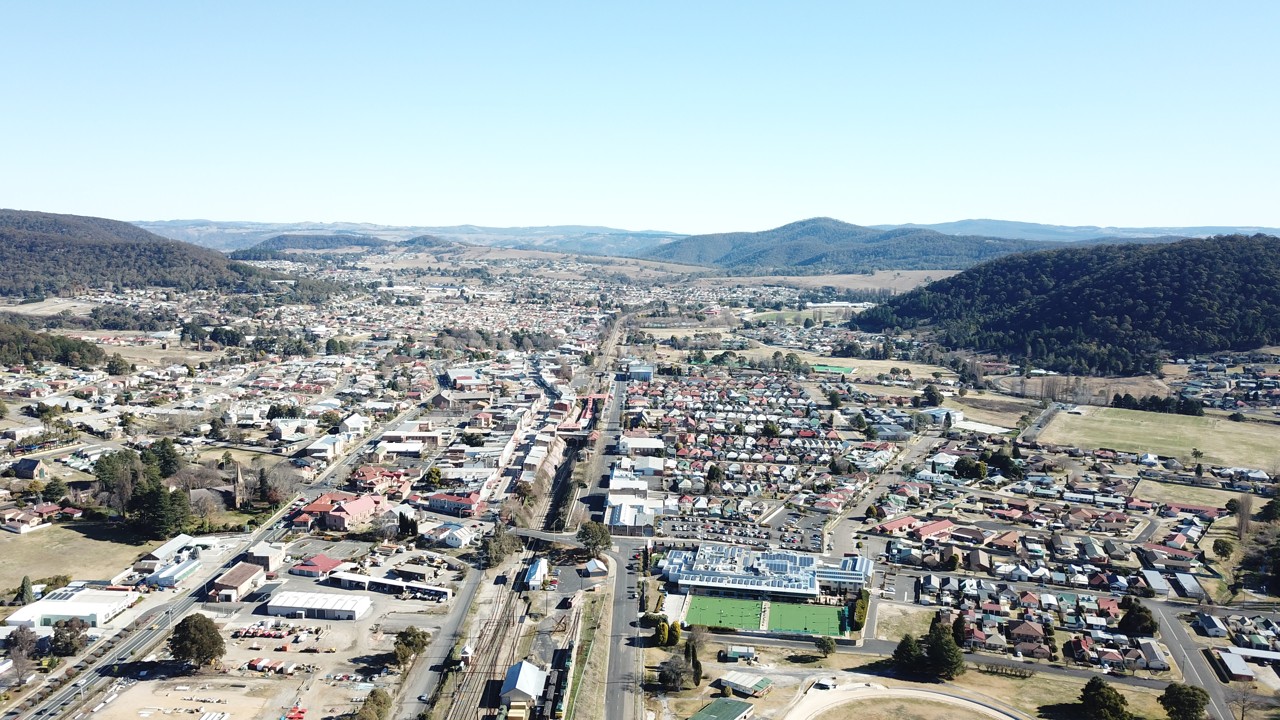 Lithgow, NSW, Aerial view of town with railway tracks
