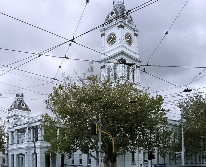 Malvern, VIC, Town hall with clocktower and tram wires