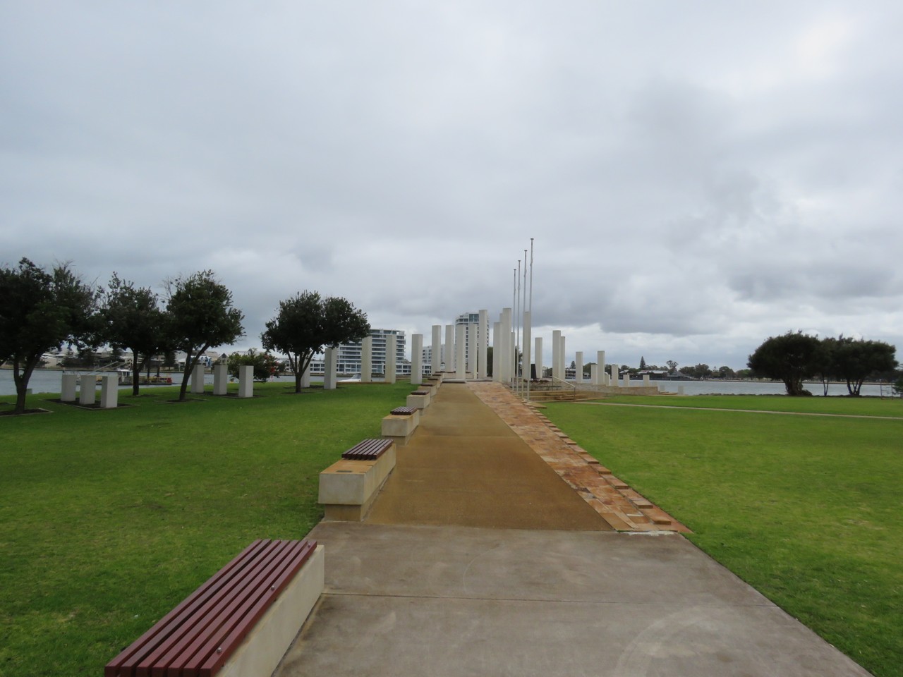 Mandurah, WA, Pathway along Eastern Foreshore with trees and lawn