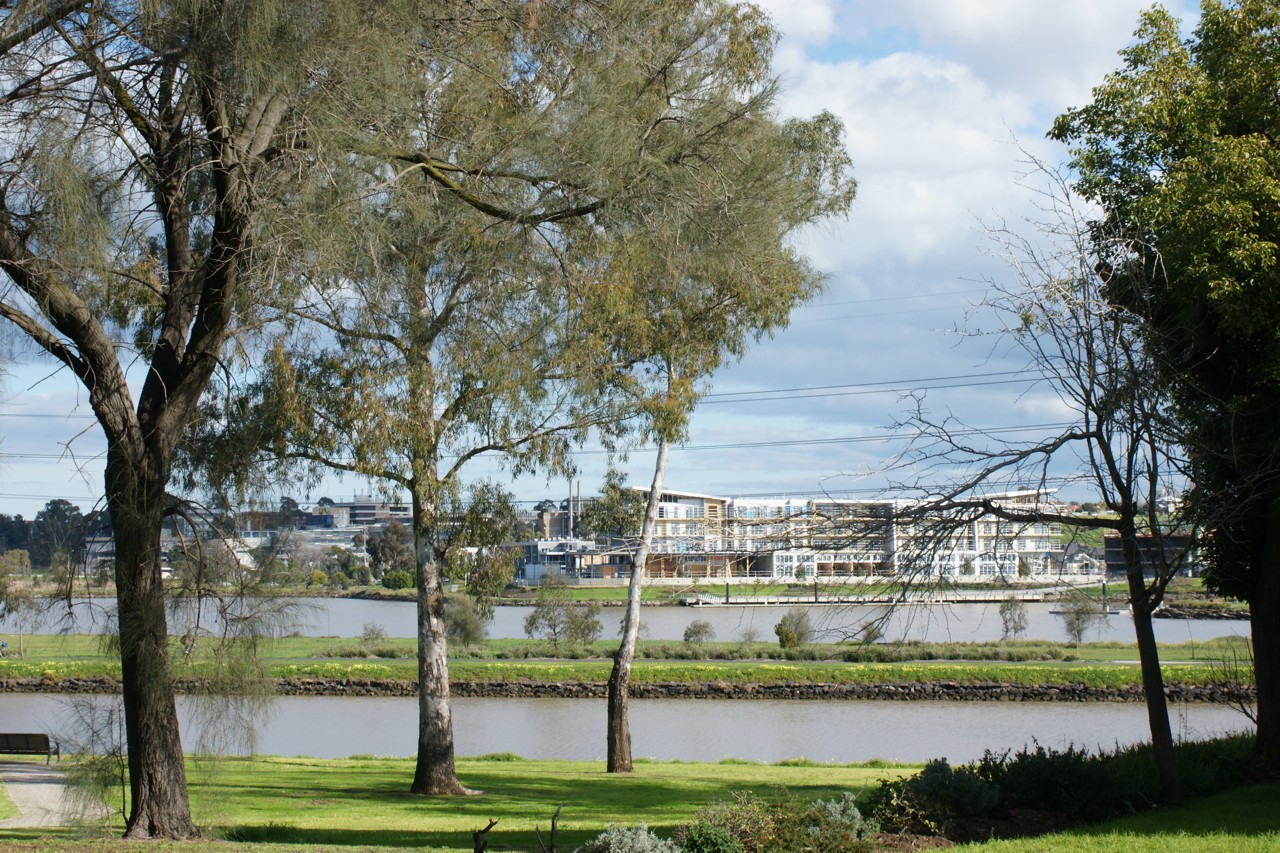 Maribyrnong, VIC, River and trees with distant buildings view