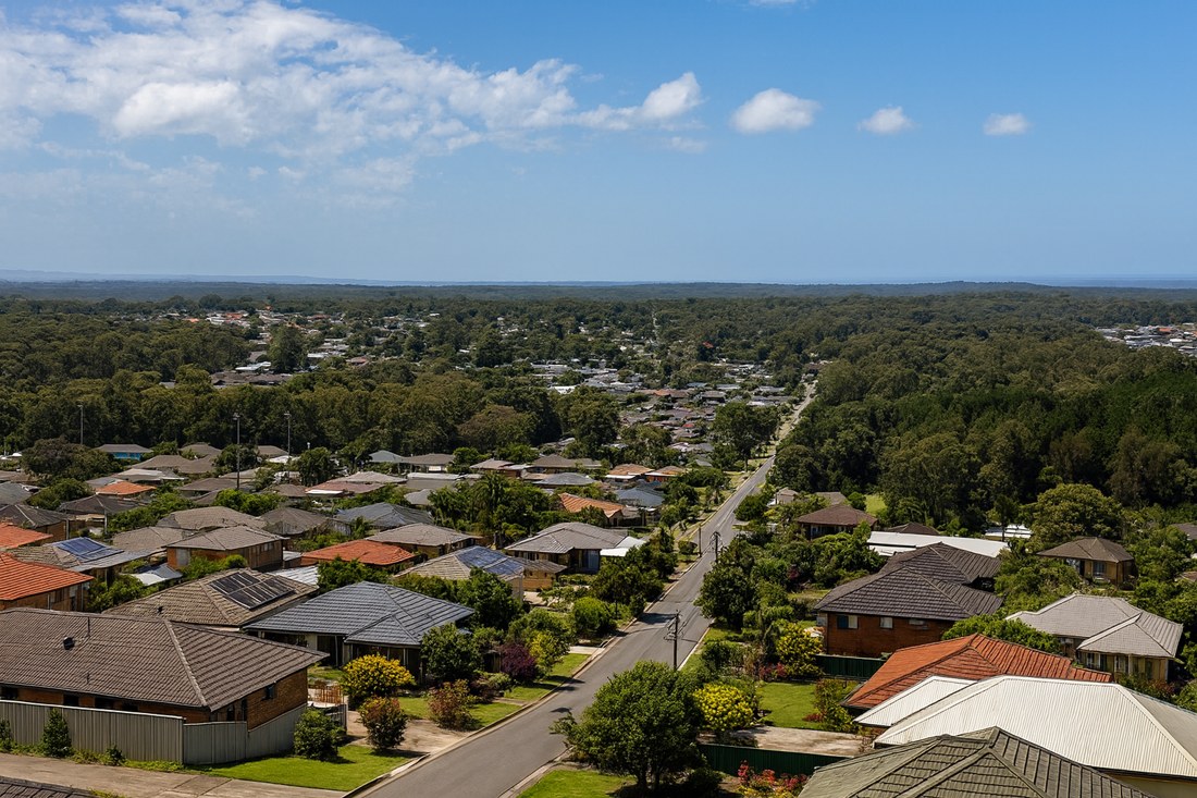 Medowie, NSW, Residential rooftops extending towards distant horizon