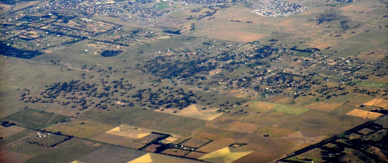 Mickleham, VIC, Aerial view of farmland and residential areas