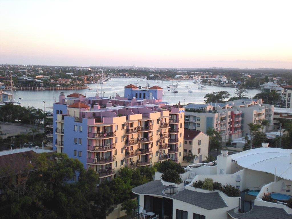 Mooloolaba, QLD, Apartments overlooking a river with boats