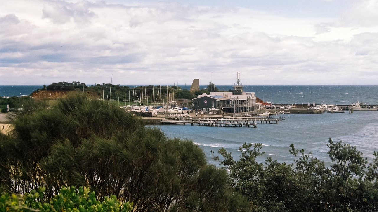 Mornington, VIC, View of the pier and marina from hillside