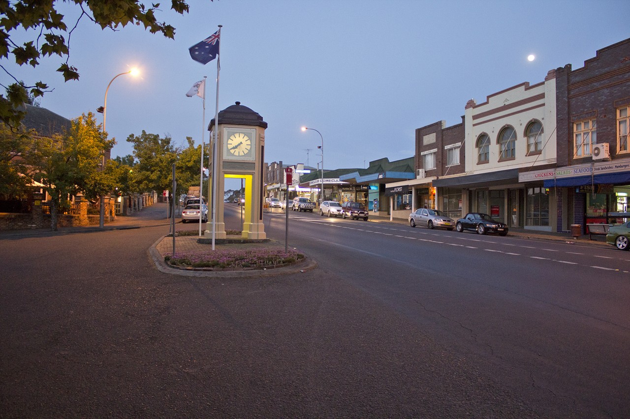 Moss Vale, NSW, Clock tower on main street with shops