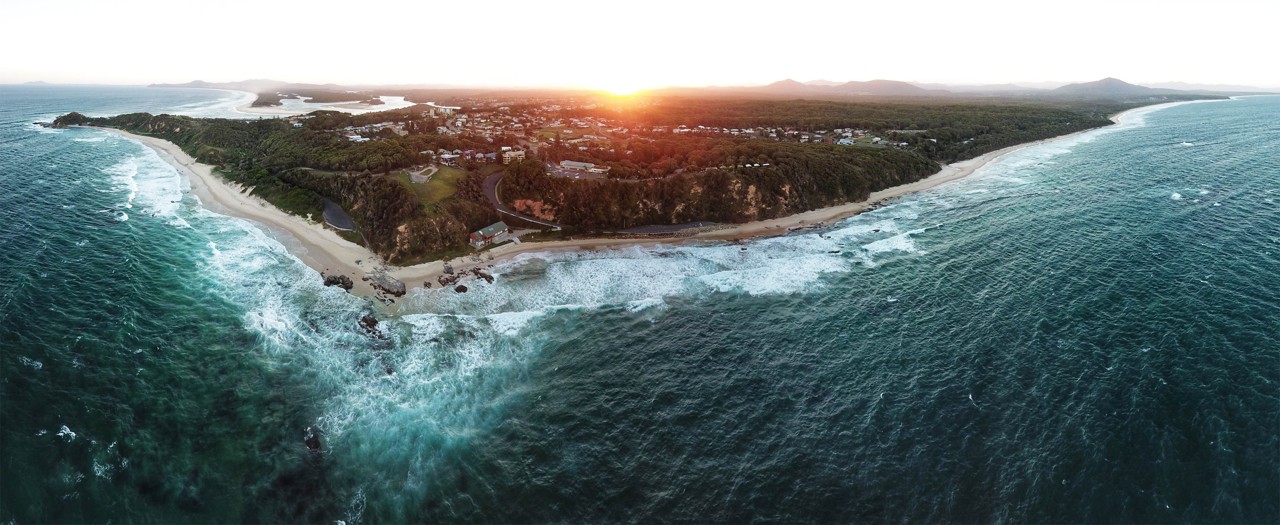 Nambucca Heads, NSW, Aerial view of a headland with beaches